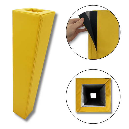 Yellow padded rectangular corner post with a square opening, shown on a white background with two circular inset detail views: one showing a hand peeling back a black protective layer, and one showing the hollow interior opening.