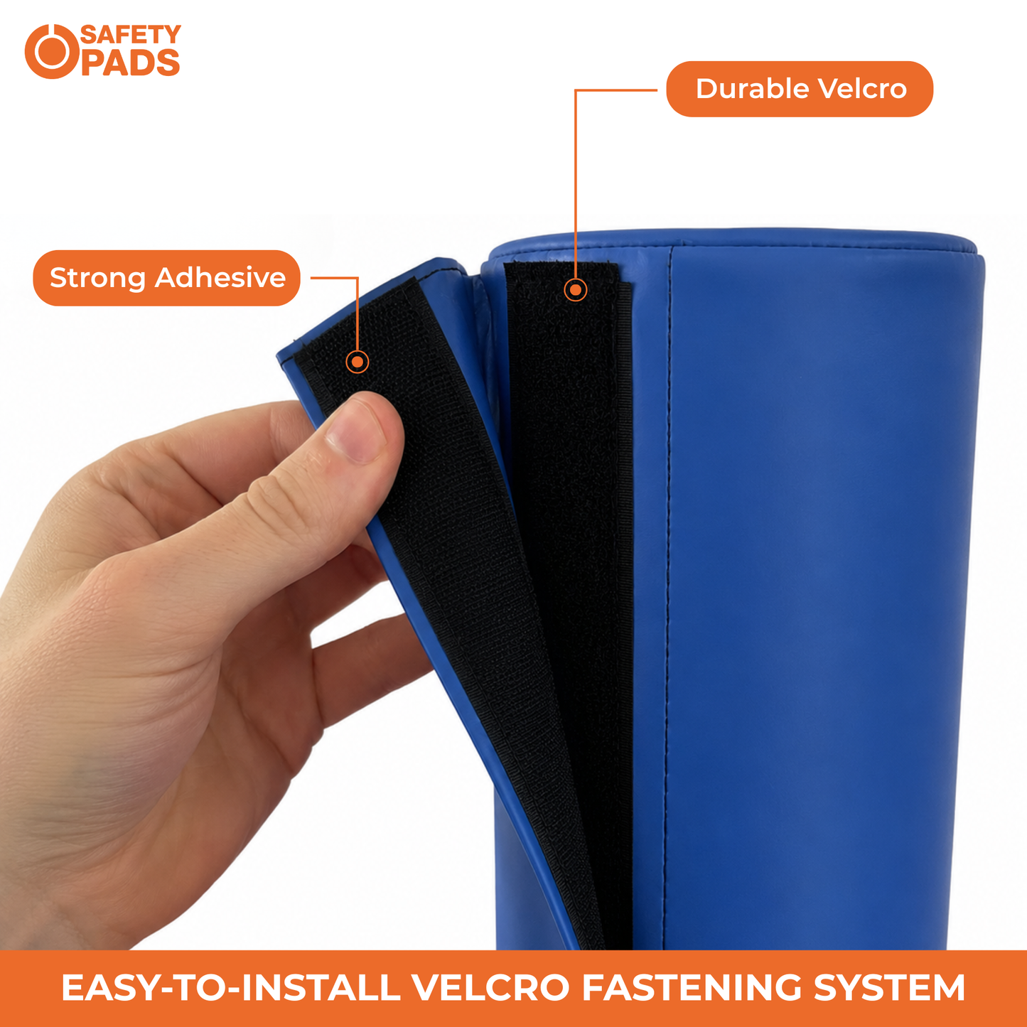A hand holds a blue Safety Pads roll to show the black Velcro fastening system. The image features orange callout labels pointing to the 'Strong Adhesive' and 'Durable Velcro' features of the product.
