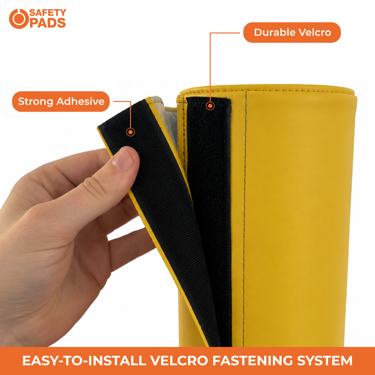 A hand holds a yellow Safety Pads roll to show the black Velcro fastening strip and its strong adhesive backing. The image features orange text callouts reading 'Strong Adhesive' and 'Durable Velcro' on a clean white background.