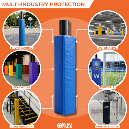 Blue rectangular safety padding pad shown in the center of an orange infographic with six circular inset photos demonstrating use in sports courts, automotive, education, football, construction, and winter sports. Text at the top reads 'MULTI-INDUSTRY PROTECTION' and the bottom logo reads 'SAFETY PADS'.