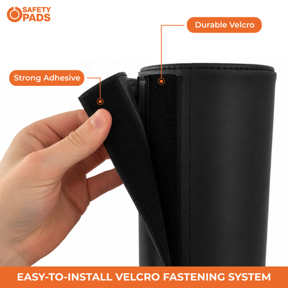 A hand holds a black safety pad next to a cylindrical black item showing a Velcro fastening system. Orange callout labels read 'Strong Adhesive' and 'Durable Velcro' on a white background with 'SAFETY PADS' branding.
