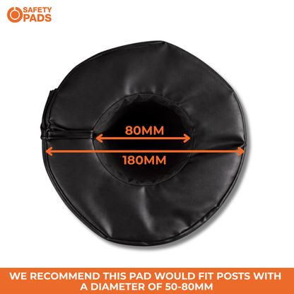 Black circular safety pad with orange dimension arrows and text showing 80mm inner diameter and 180mm outer diameter, on a white background with a Safety Pads logo and fitment recommendation banner.