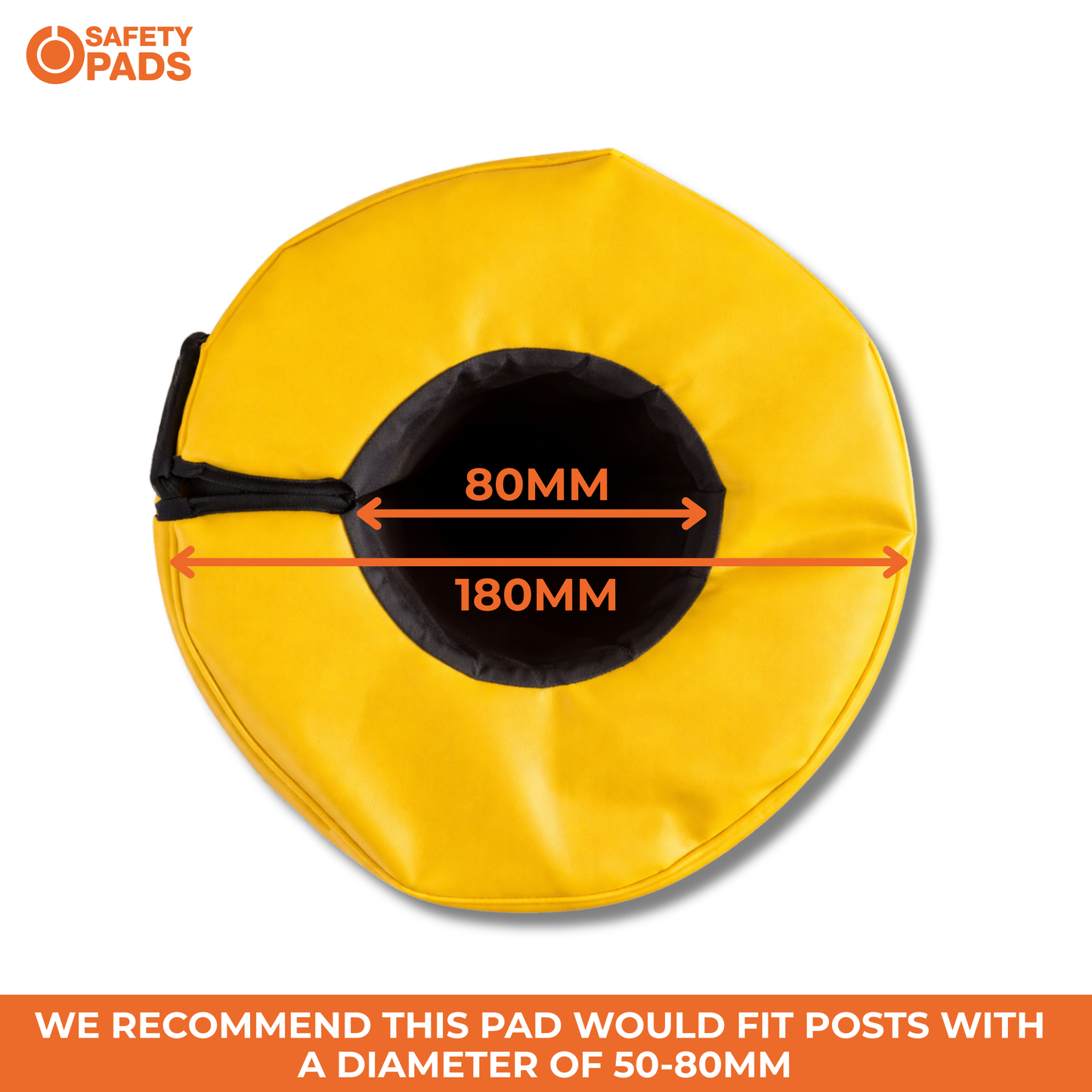 A yellow circular safety pad with a black center, shown on a white background with orange dimension arrows and text indicating 80mm and 180mm measurements. A Safety Pads logo appears in the top left, and a text banner at the bottom describes fit recommendations.