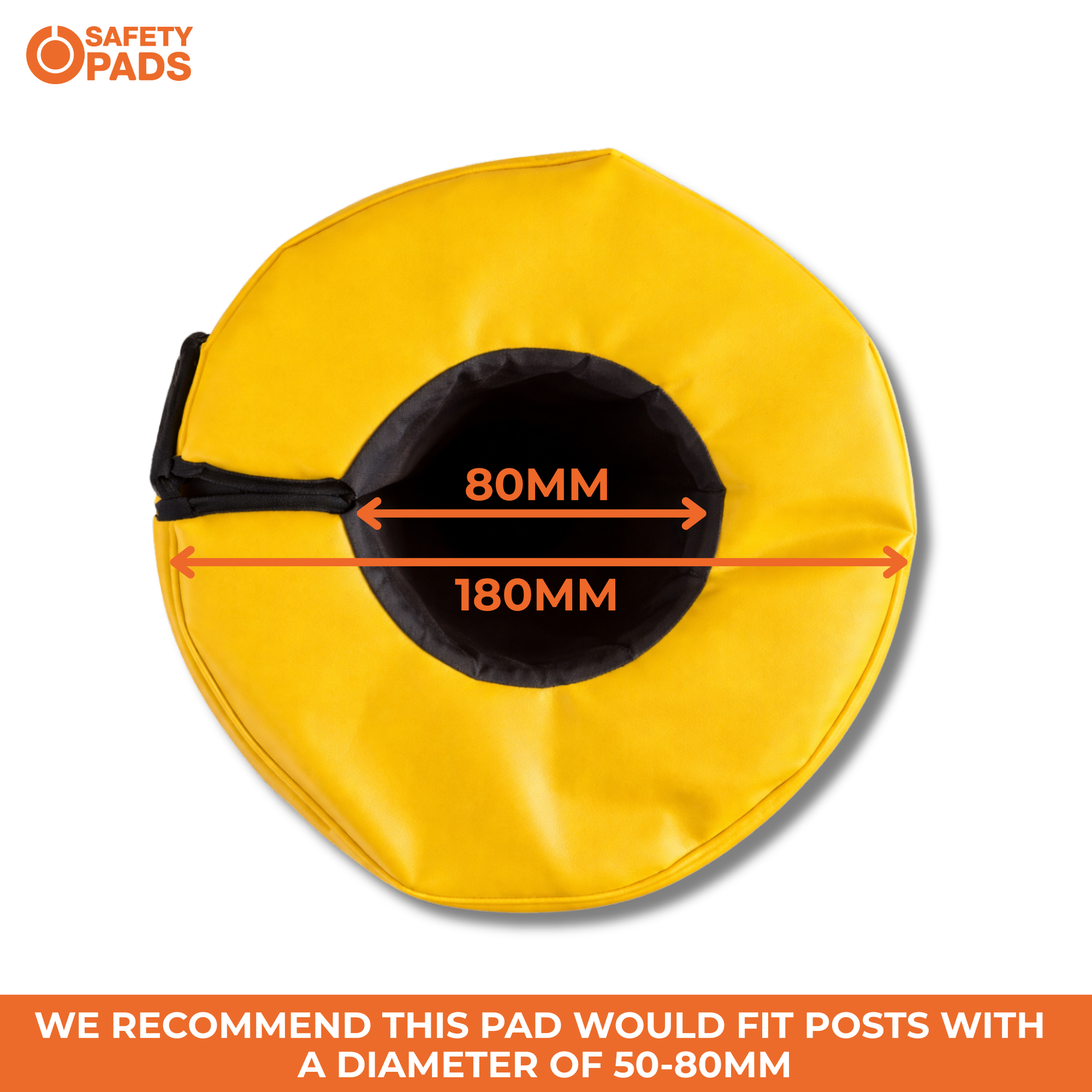 A yellow circular safety pad with a black center, shown on a white background with orange dimension arrows and text indicating 80mm and 180mm measurements. A Safety Pads logo appears in the top left, and a text banner at the bottom describes fit recommendations.