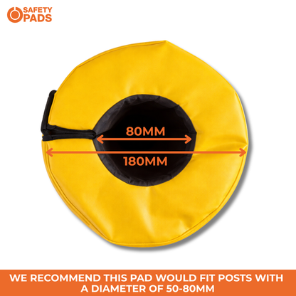 A yellow circular safety pad with a black center, shown on a white background with orange dimension arrows and text indicating 80mm and 180mm measurements. A Safety Pads logo appears in the top left, and a text banner at the bottom describes fit recommendations.