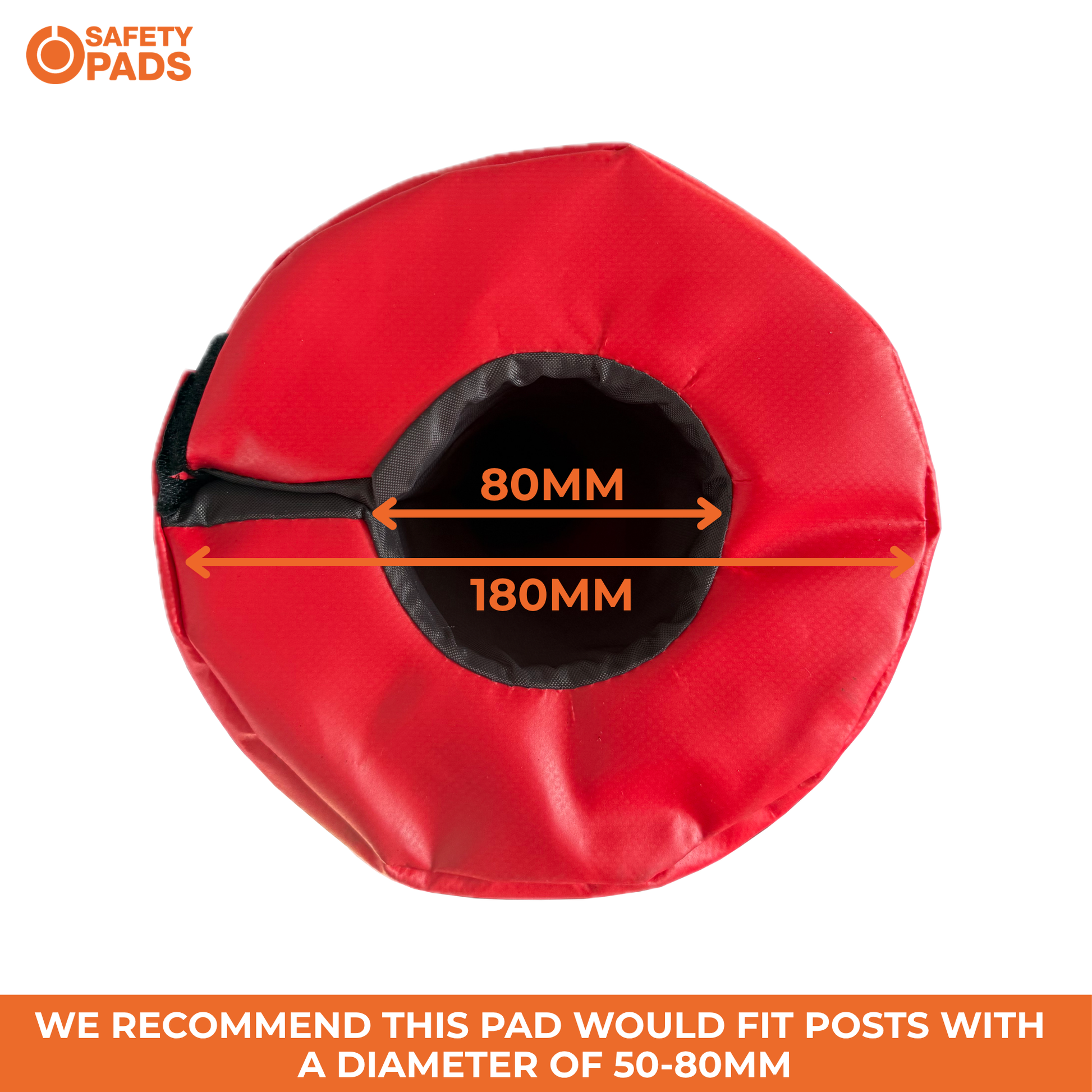 Red circular safety pad with black trim and measurement arrows showing 80mm and 180mm diameters, on a white background with an orange Safety Pads logo and fitment text.