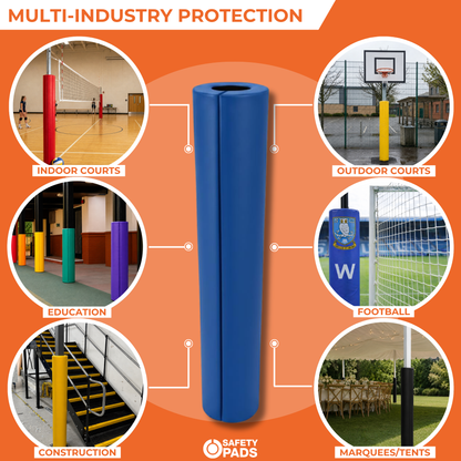 Blue safety pads shown on a sports court and construction site, with circular inset photos illustrating multi-industry protection in indoor courts, outdoor courts, education, football, construction, and marquees/tents. The image includes the text 'MULTI-INDUSTRY PROTECTION' and 'SAFETY PADS'.