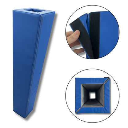 Blue padded rectangular corner post with a square opening, shown on a white background with two circular inset close-ups highlighting the black foam padding and interior opening.