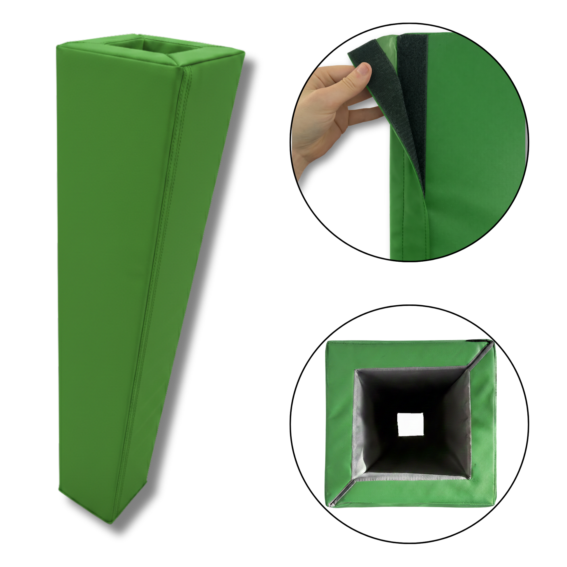 Green rectangular padded floor mat or foam block shown on a white background, with two circular inset detail views: one showing a hand lifting a corner to reveal a dark backing, and one showing the square opening with a dark interior.