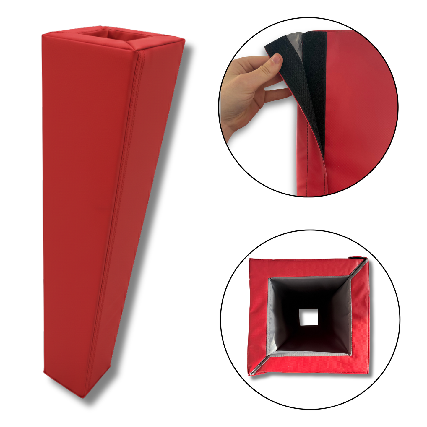 A red padded rectangular foam block or training pad shown on a white background, with two circular inset close-ups highlighting the black interior lining and the open square end.