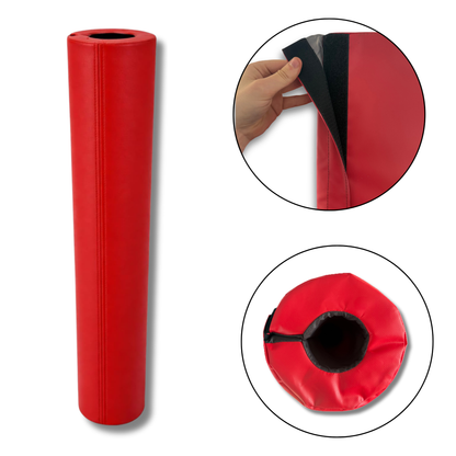 A red cylindrical roll of material shown on a white background, with two circular inset close-ups demonstrating a black backing layer and the opening at one end.
