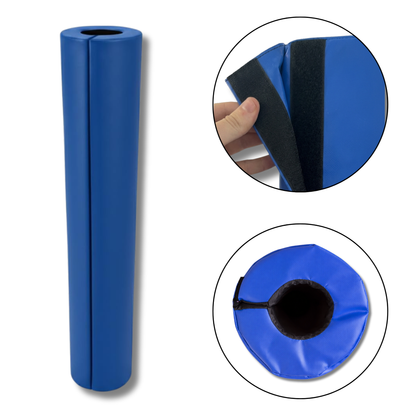 A blue foam roller shown upright on a white background, with two circular inset close-ups highlighting its textured surface and the circular opening at one end.