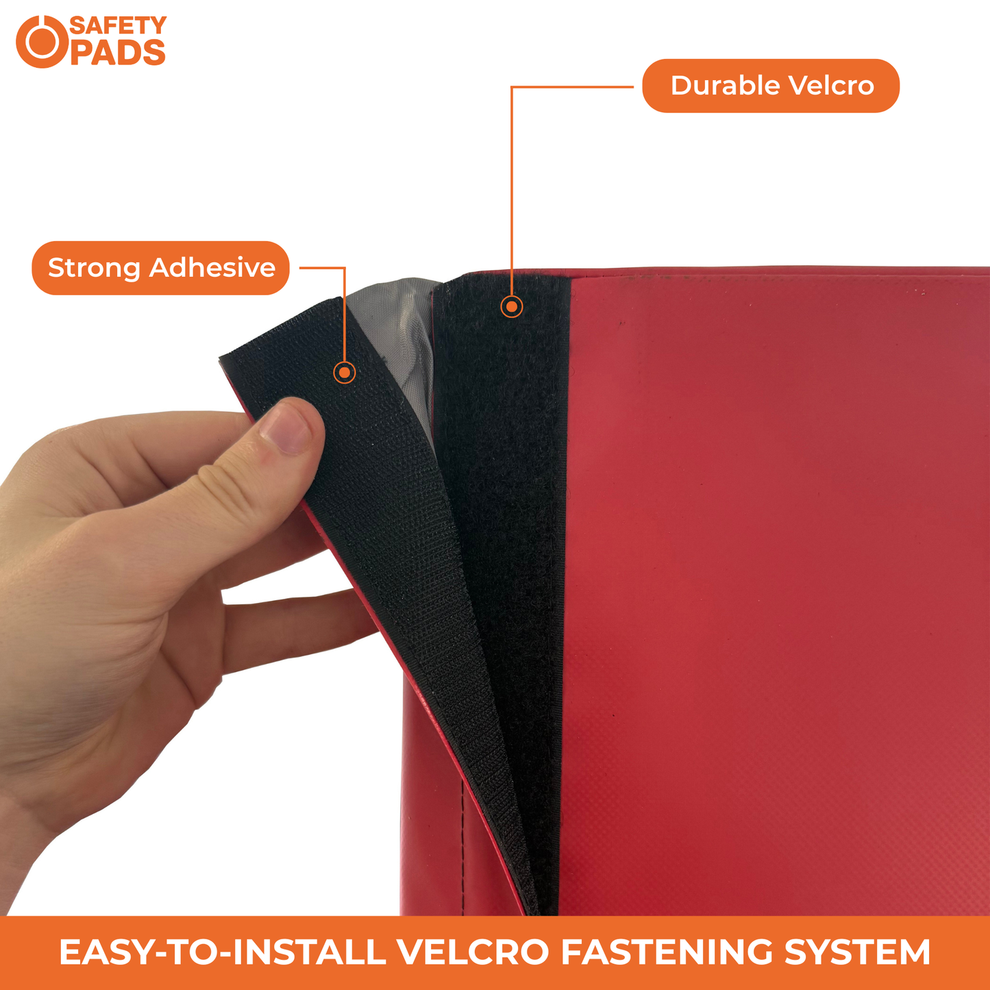 A hand holds a red binder cover with a black adhesive side, showing the Velcro fastening system. The image includes text callouts reading 'Strong Adhesive', 'Durable Velcro', and 'EASY TO INSTALL VELCRO FASTENING SYSTEM' with the brand 'SAFETY PADS' in the top left corner.