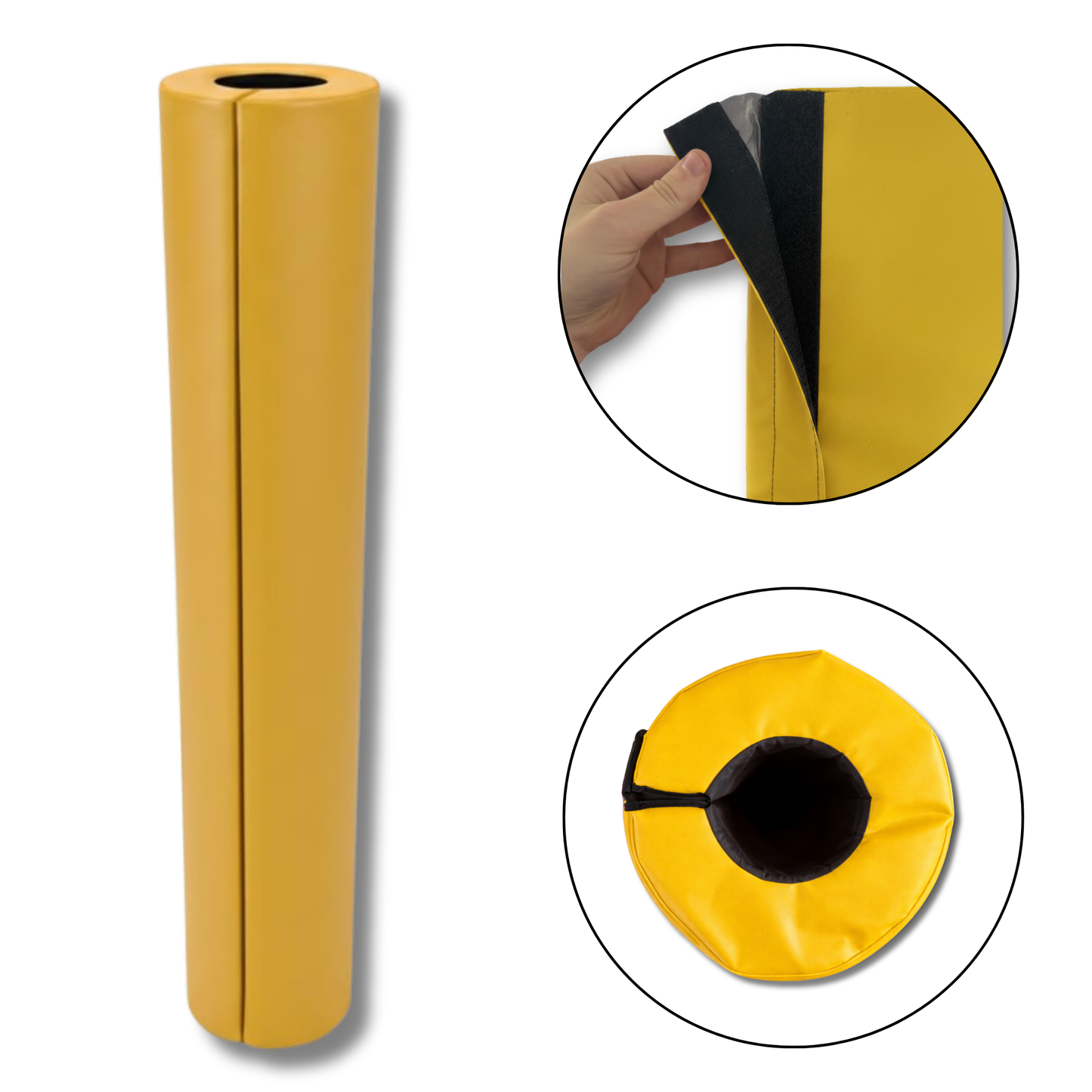 A yellow roll of vinyl or plastic sheeting shown on a white background, with two circular inset close-ups demonstrating the black adhesive liner and the circular opening of the roll.