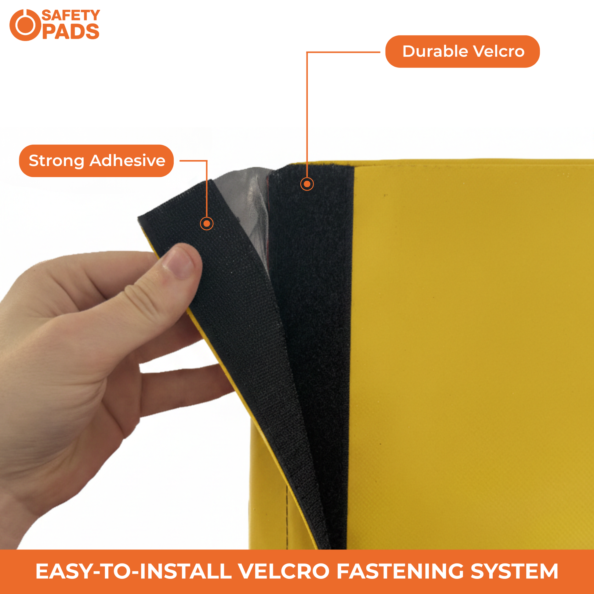 A hand holds a yellow safety pad showing its black Velcro fastening system. The image includes text callouts reading 'Strong Adhesive', 'Durable Velcro', and 'EASY TO INSTALL VELCRO FASTENING SYSTEM' with the 'SAFETY PADS' brand logo in the top left corner.