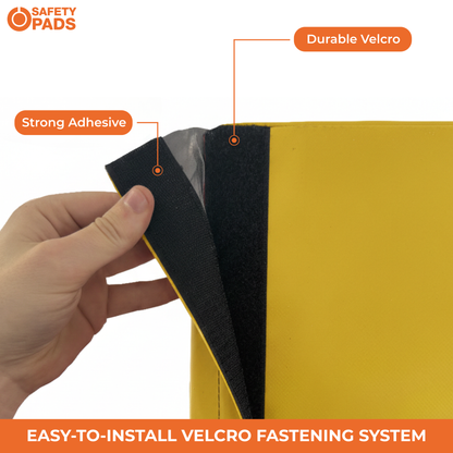 A hand holds a yellow safety pad showing its black Velcro fastening system. The image includes text callouts reading 'Strong Adhesive', 'Durable Velcro', and 'EASY TO INSTALL VELCRO FASTENING SYSTEM' with the 'SAFETY PADS' brand logo in the top left corner.