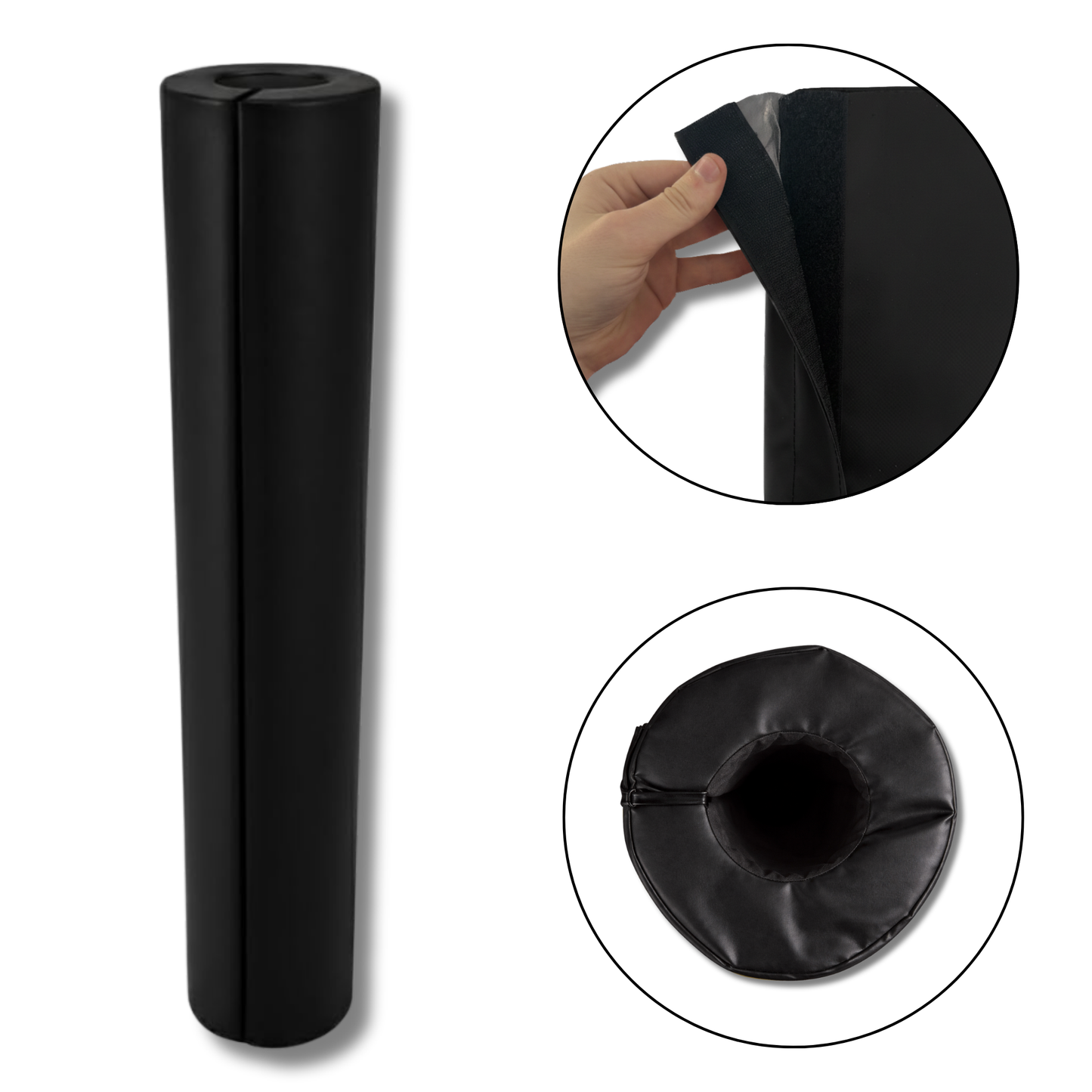 A black roll of flexible foam or padding shown on a white background, with two circular inset close-ups: one showing a hand peeling back a layer, and one showing the circular cross-section of the rolled material.