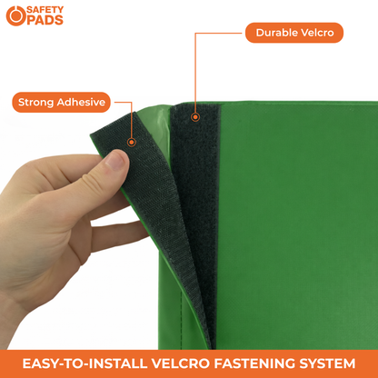 A hand holds a green safety pad to show the strong adhesive velcro flap, with text callouts reading 'Strong Adhesive', 'Durable Velcro', and 'EASY TO INSTALL VELCRO FASTENING SYSTEM'. The 'SAFETY PADS' brand logo is visible in the top left.