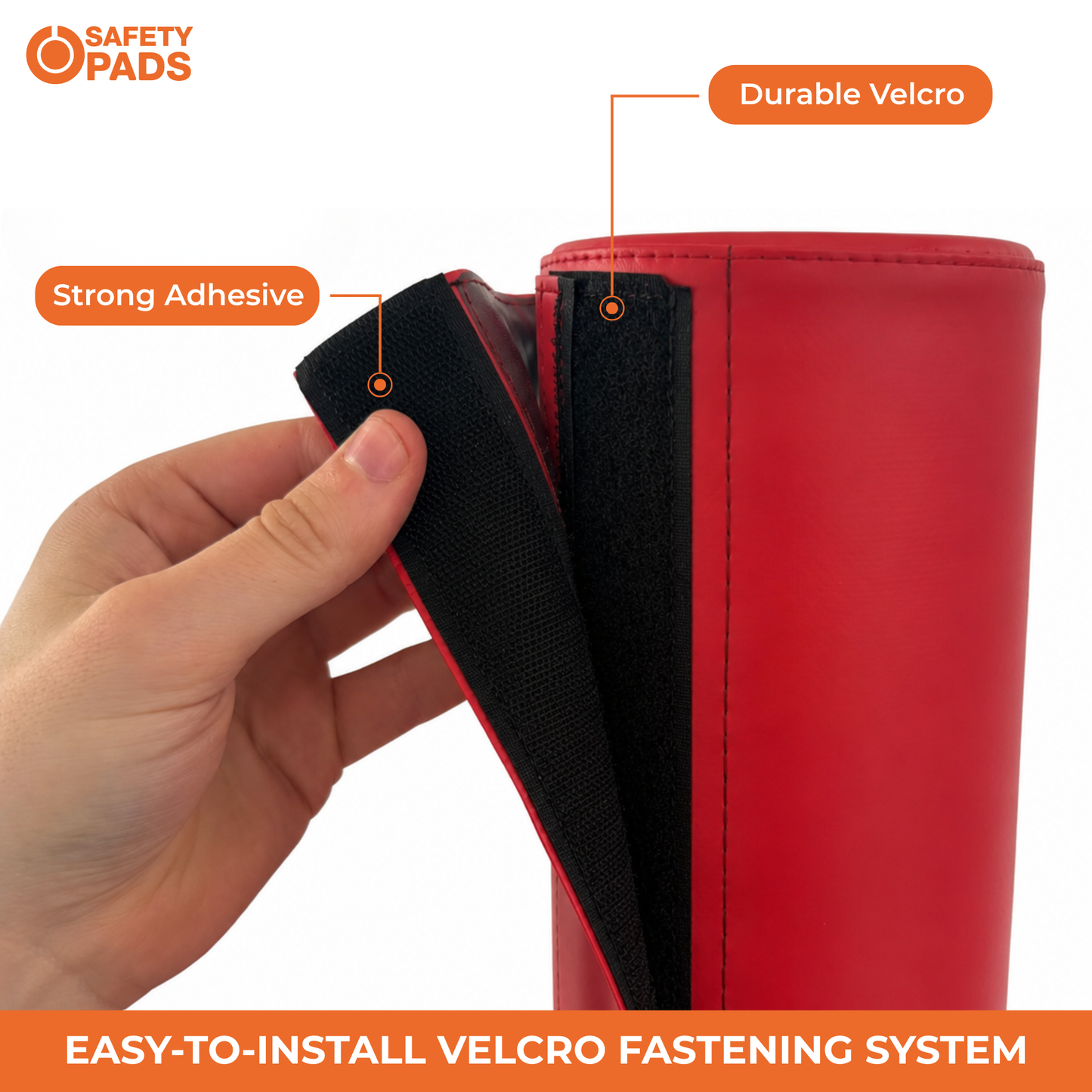A close-up of a red cylindrical product with a hand holding a black Velcro strip to demonstrate the strong adhesive fastening system. Orange text labels point to the black strip as 'Strong Adhesive' and to the top edge of the red cylinder as 'Durable Velcro'.