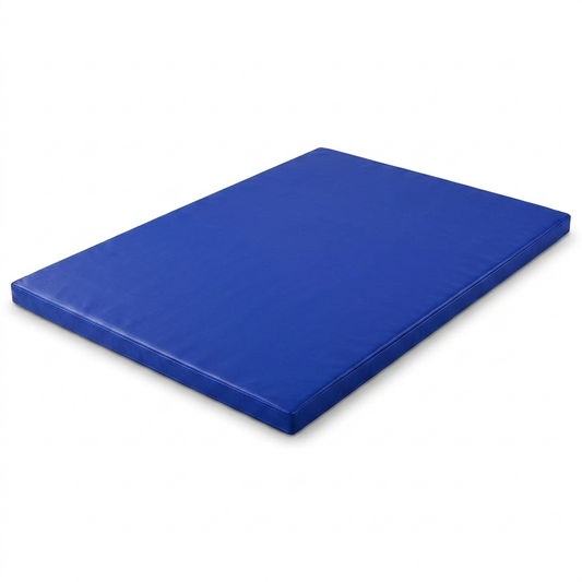 A rectangular blue padded mat or cushion shown at an angle on a plain white background.