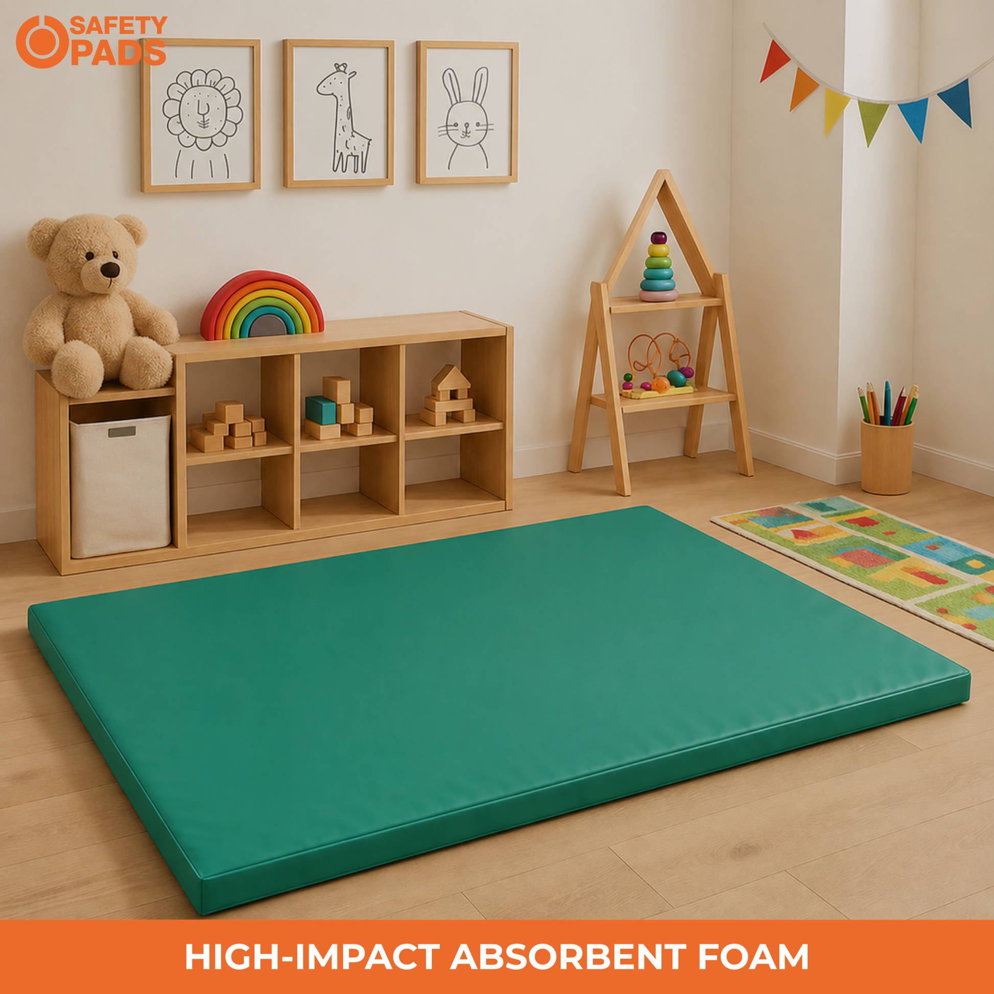 A large teal-green high-impact absorbent foam mat displayed in a children's playroom setting. The room features light wood floors, a wooden toy organizer shelf with a teddy bear and rainbow, a small wooden A-frame shelf, and colorful wall decorations.