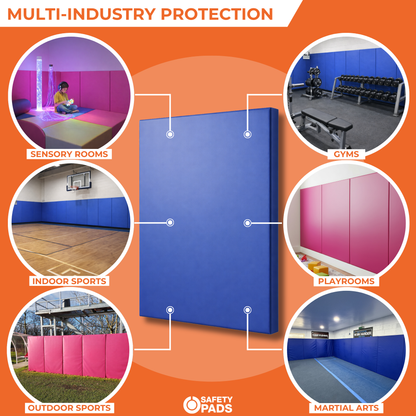 Safety pads for various settings like sensory rooms, gyms, indoor sports, playrooms, outdoor sports, and martial arts with a blue safety pad in the center.