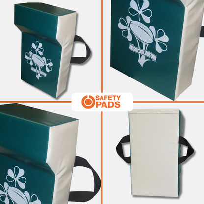 A four-panel product collage showing a rectangular safety pad with a dark teal front panel, white floral and football graphic, black carrying handles, and an off-white side panel. A central label reads 'SAFETY PADS'.