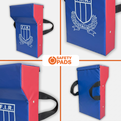 A collage showing multiple views of a blue and red safety pad with black handles. The pad features a white F.