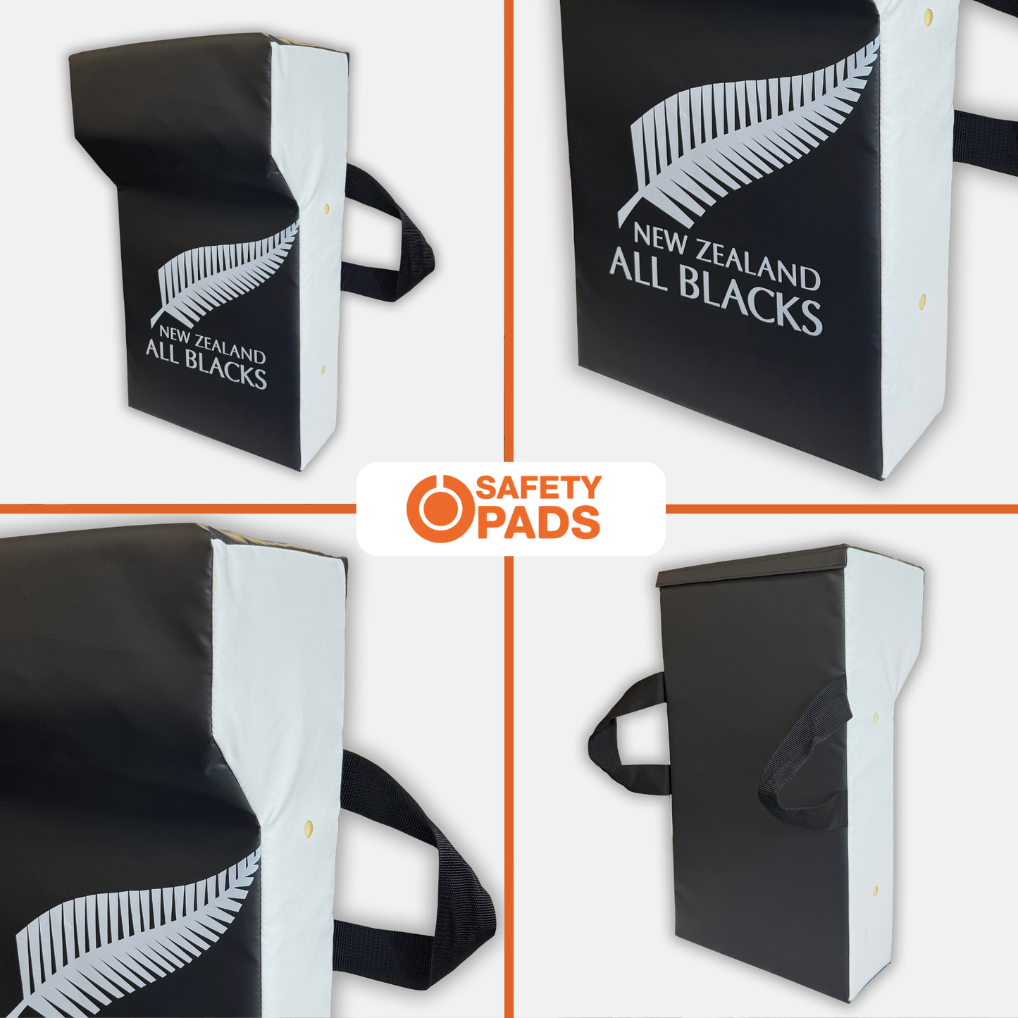 Four views of a black and white New Zealand All Blacks safety pad with black handles, shown on a light gray background with an orange and white Safety Pads logo in the center.