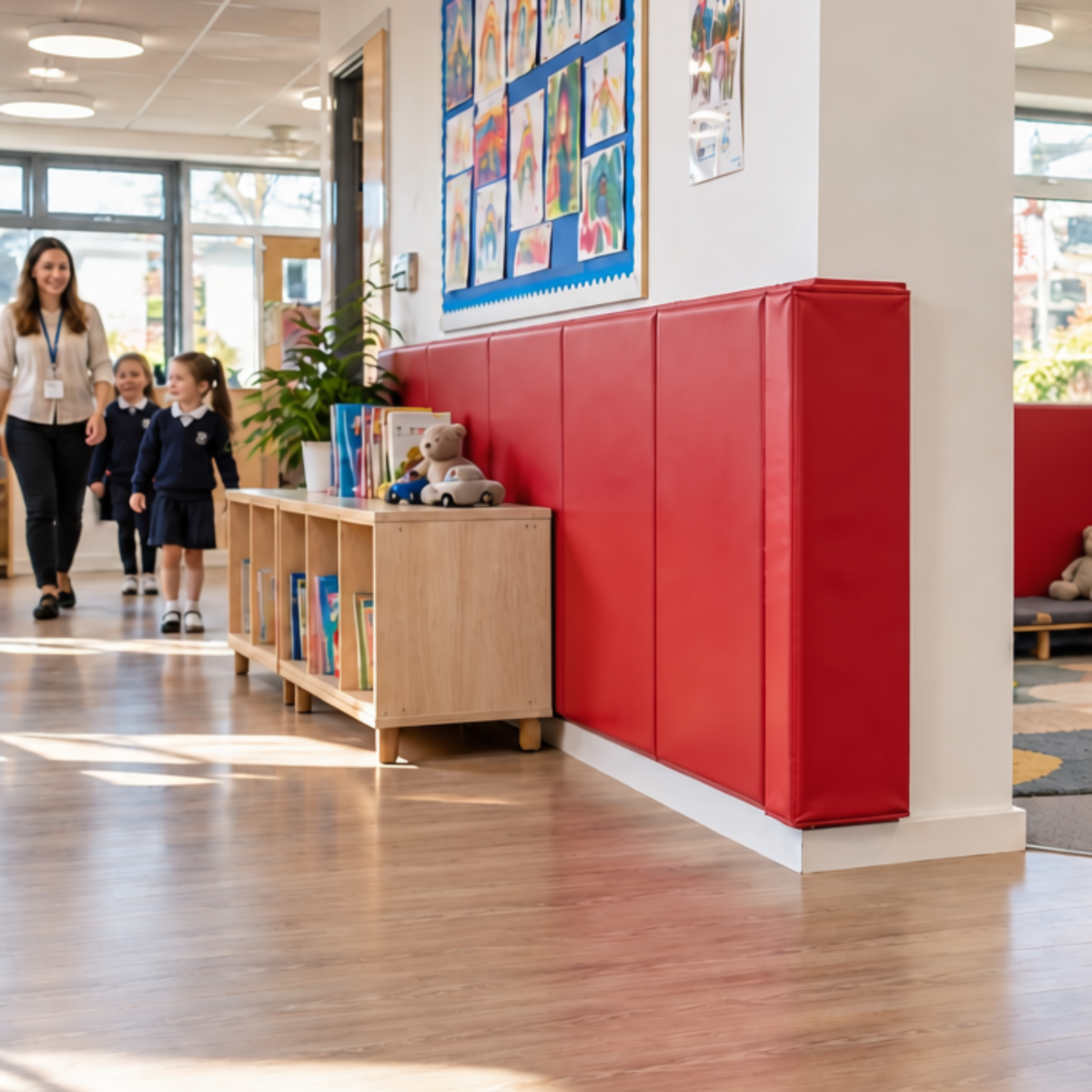 A bright children's school corridor with a red padded wall cushion, light wood bookcase, and a woman walking with young children in the background.