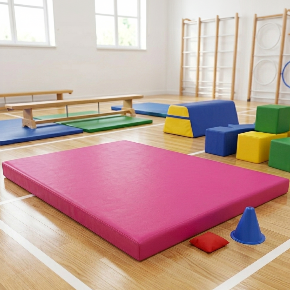 A bright indoor playroom or gym with a large pink foam mat in the foreground, surrounded by colorful balance boards, blocks, cones, and wooden climbing equipment on a wood floor.
