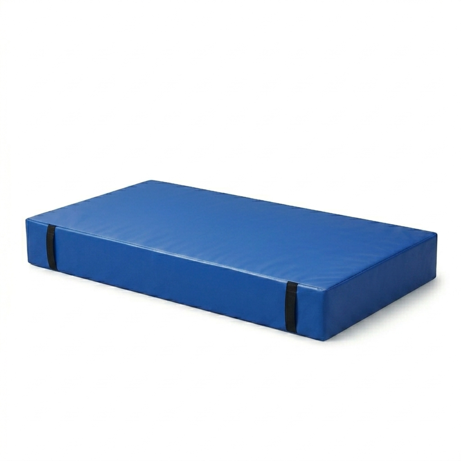 A rectangular blue padded mat or cushion with black strap-like bands near the short ends, photographed on a clean white background.