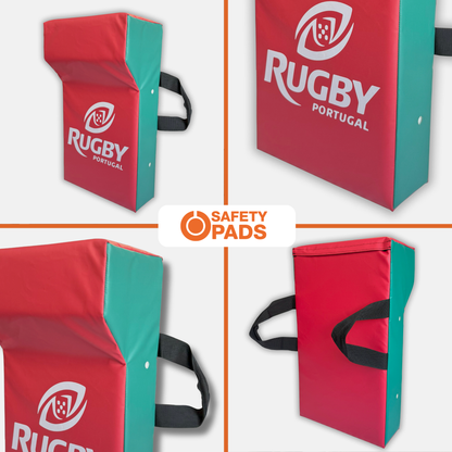 A collage showing multiple views of a red and teal rugby safety pad with black carrying handles. The pad features the text 'RUGBY PORTUGAL' and a white logo.
