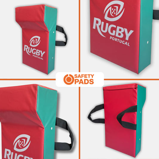A collage showing multiple views of a red and teal rugby safety pad with black carrying handles. The pad features the text 'RUGBY PORTUGAL' and a white logo.