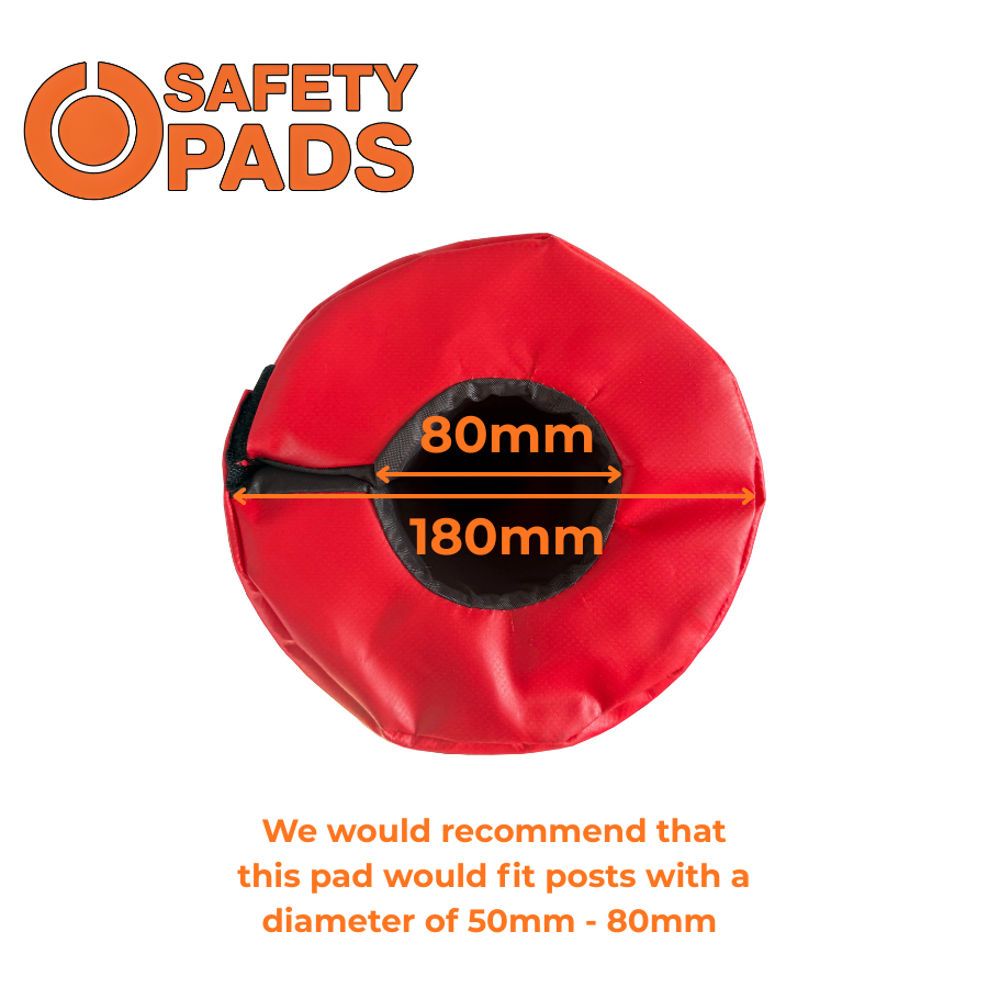 Red safety pad with measurements and 'Safety Pads' branding on a white background