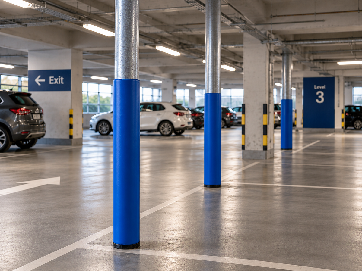 A parking garage interior with concrete pillars, some wrapped in bright blue protective bollards, and several parked cars in the background.