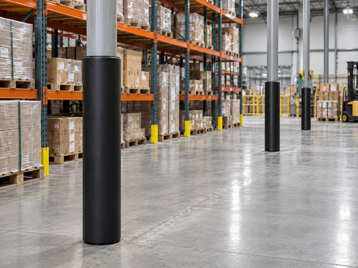 A warehouse aisle with tall black protective bollards on metal support columns, surrounded by high shelves stocked with palletized boxes.