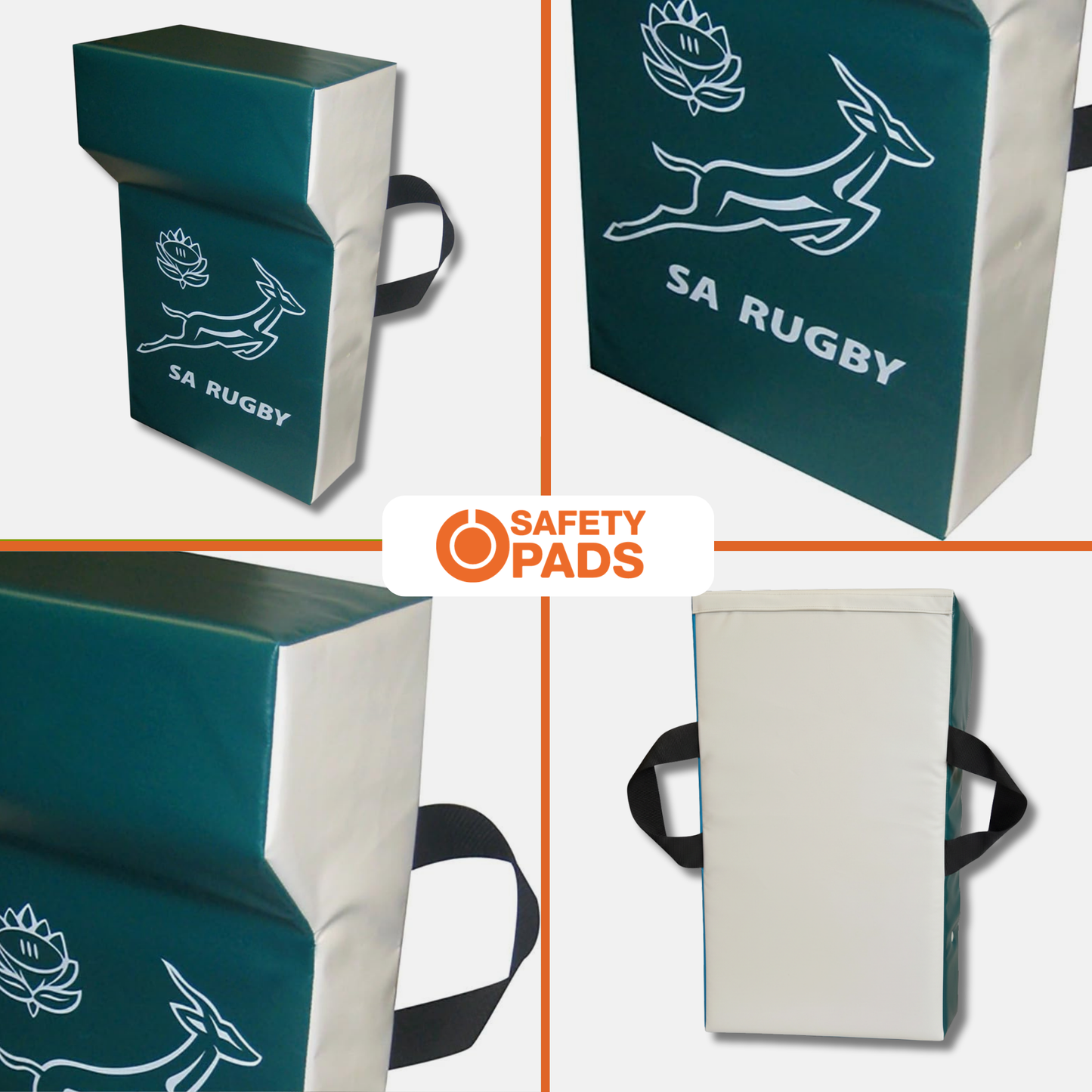 SA Rugby branded Safety Pads shown in a four-panel collage, displaying the teal and off-white rectangular pad with black handles from multiple angles, plus an orange and white SAFETY PADS logo in the center.