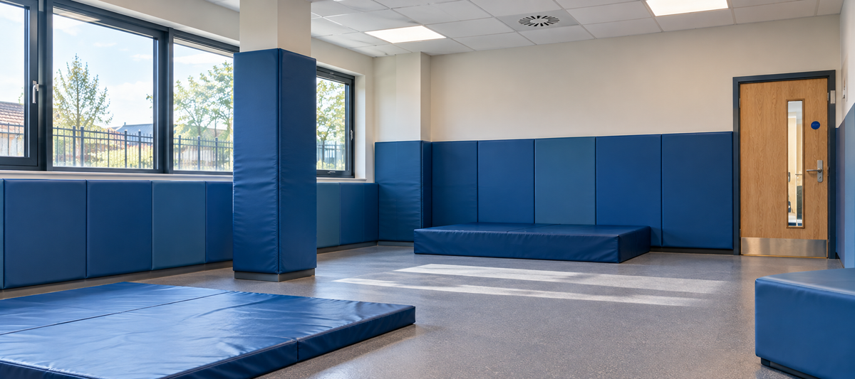 An indoor sports or training room with blue padded wall panels, a large blue mat on the floor, and a wooden door on the right side.