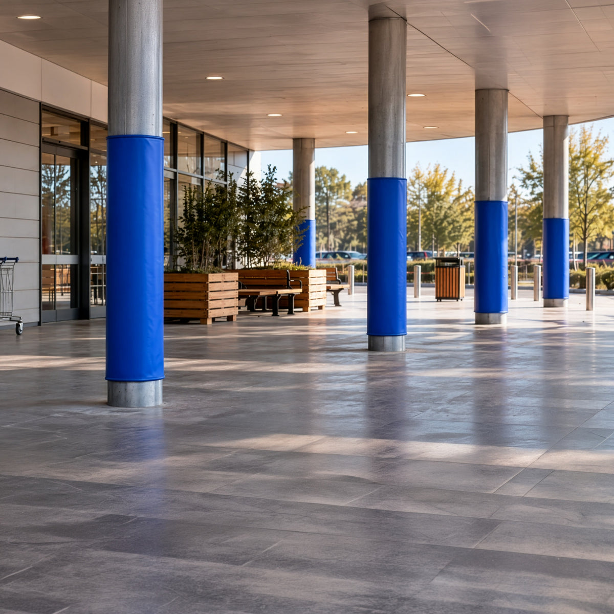 A wide, modern covered walkway with large gray columns wrapped in bright blue protective sleeves, gray stone flooring, glass windows, and outdoor seating visible in the background.
