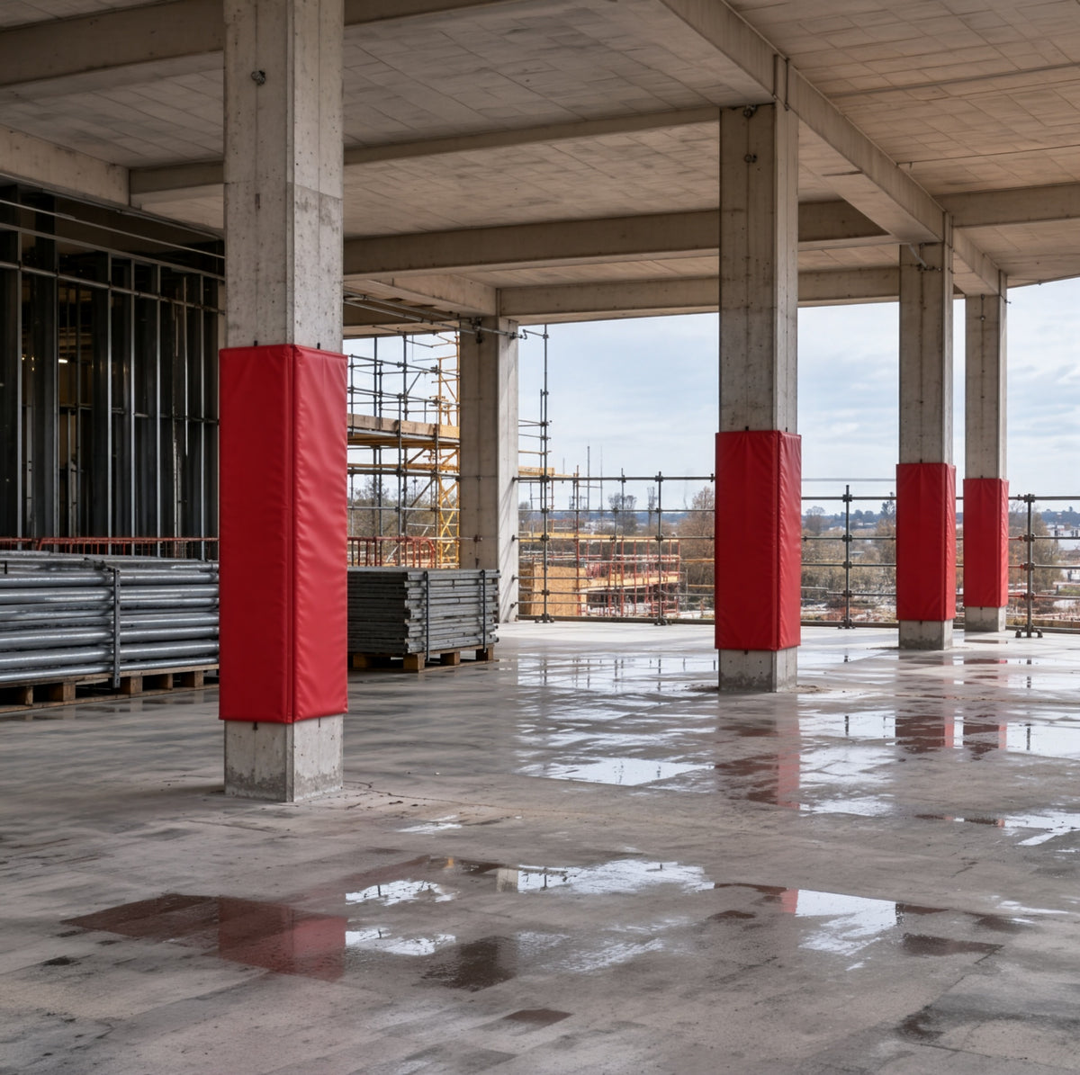 A large open concrete structure with tall columns and wet reflective floors, featuring bright red protective covers wrapped around several columns. Scaffolding and construction materials are visible in the background under an overcast sky.