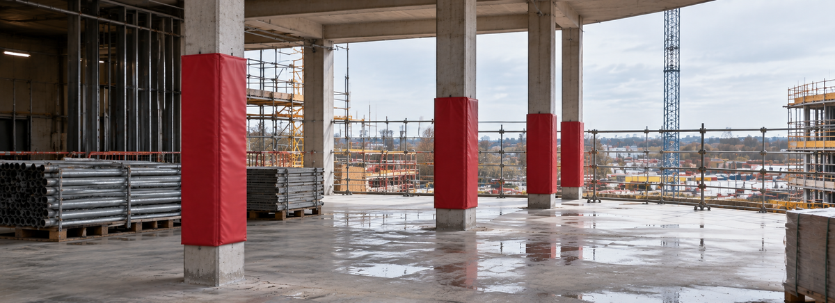 A construction site interior with large concrete columns wrapped in bright red protective covers, wet concrete floors, scaffolding, and an outdoor construction area visible in the background under an overcast sky.