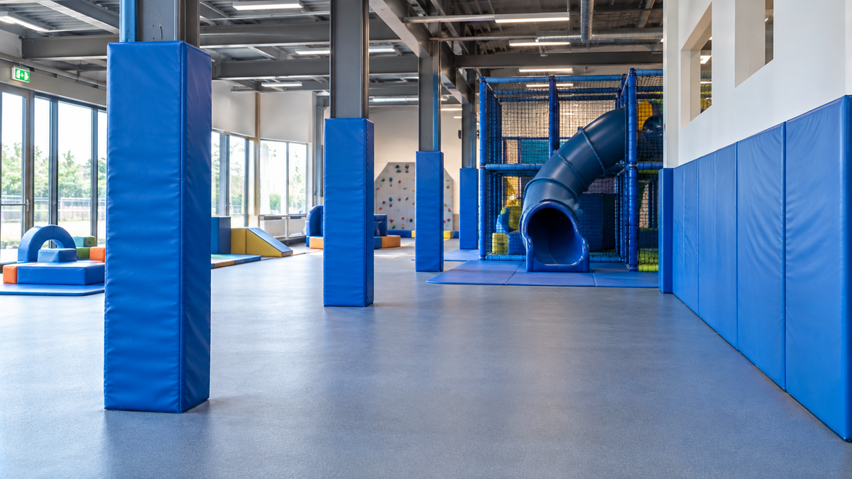 An indoor children's play area with blue padded columns, a blue spiral slide, climbing walls, and bright windows in the background.