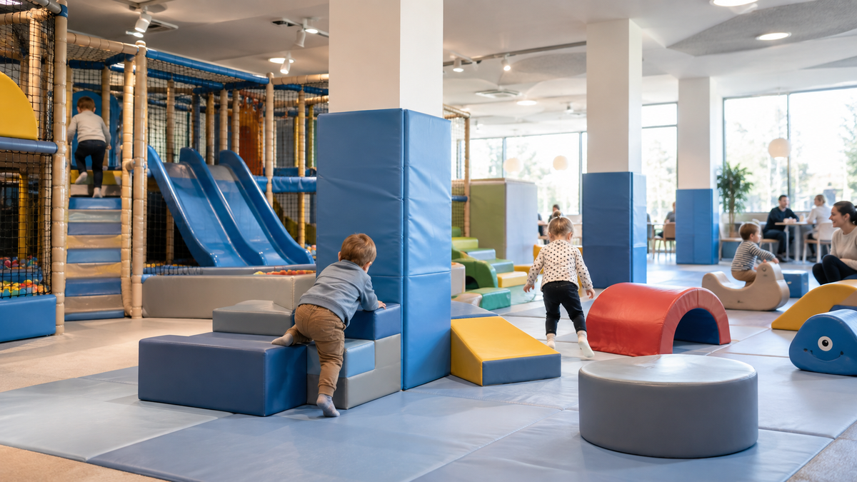 A toddler playground with children playing on blue foam blocks, slides, and tunnels inside a bright indoor play area.