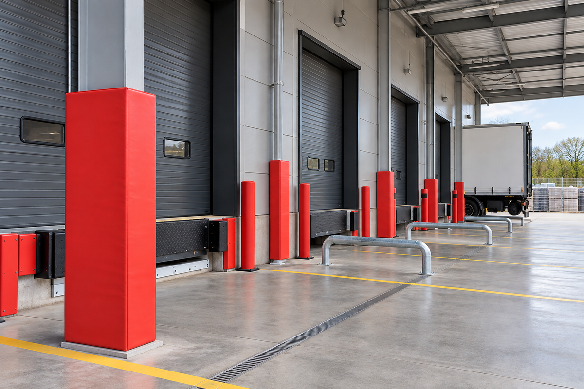 A row of bright red cylindrical and rectangular safety bollards installed along the loading dock entrance of a warehouse, with gray roll-up doors, concrete floors, and a white truck visible in the background.