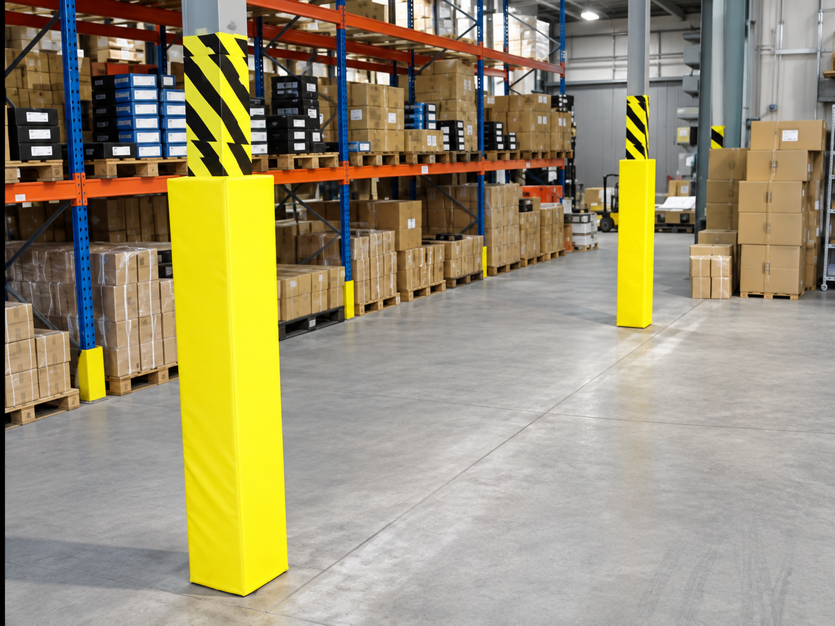 Yellow warehouse floor bollards with black and yellow diagonal hazard stripes on top, installed in a storage aisle with shelving and palletized boxes in the background.