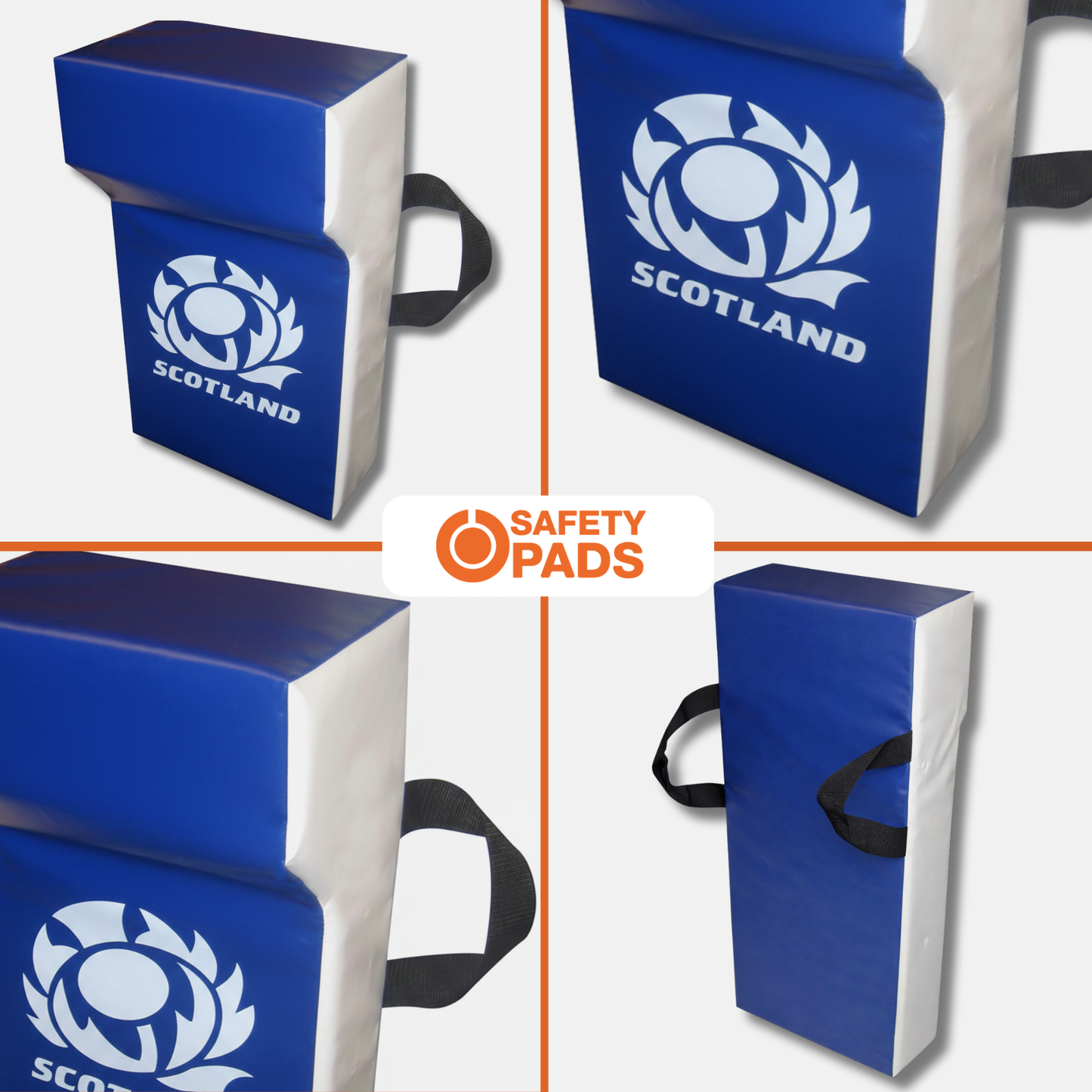 Blue and white Scotland rugby safety pads shown from multiple angles, featuring a white Scotland rose logo and black carrying handles on a light gray background with a central 'SAFETY PADS' logo.