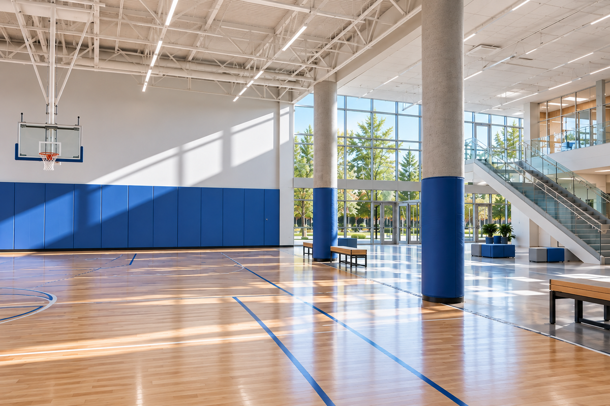 A wide interior view of a large indoor basketball court with a polished wood floor, blue wall panels, concrete columns with blue lower wraps, a basketball hoop, and bright windows looking out to trees. A staircase is visible on the right.
