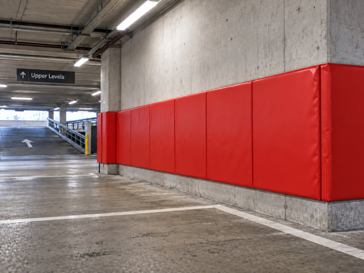 Red padded wall panels installed along the base of a concrete wall in an indoor parking structure.