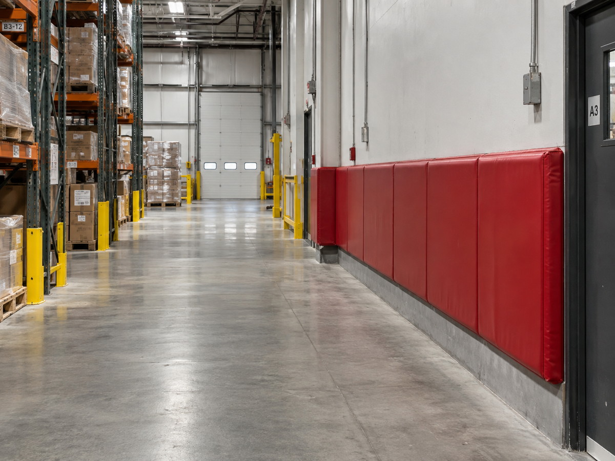A warehouse aisle with tall shelving on the left, a concrete floor, and a long red padded wall protector along the right wall.